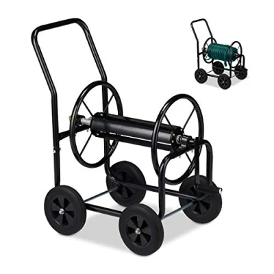 Imagen de Relaxdays Carro para Manguera, Enrollador XL, Cuatro Ruedas de Goma, Manivela, 60m, 81x48x80 cm, 1 Ud., Negro