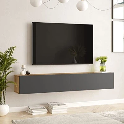 Imagen de [en.casa] Mueble TV Suspendido Mesa Tele de Pared con 2 Puertas Aglomerado Recubierto Melamina 180 x 32 30 cm Roble Rústico/Antracita