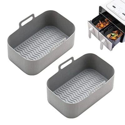 Imagen de 2 piezas freidora de aire olla silicona, revestimiento gel sílice, sartén reutilizable para horno, microondas, hogar, cocina, accesorios sartenes al libre (gris)