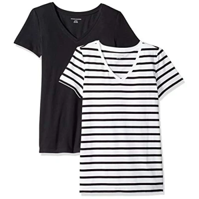 Imagen de Amazon Essentials Camiseta de Cuello en v Manga Corta y Ajuste Clásico Mujer, Pack 2, Blanco Rayas/Negro, XS