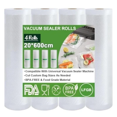 Imagen de Omtofo Bolsas de envasado al vacío, 4 Rollos, 20 x 600cm/rollo, vacío para Alimentos, sin BPA, 150 µm, Rollo lámina Todas Las envasadoras microondas y Sous