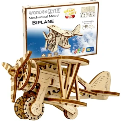 Imagen de WOODEN.CITY Puzzle 3D Biplano, Avión Maquetas para Construir Adultos, Escala 1:60, Madera, Ideal Coleccionistas y Aficionados a los Aviones