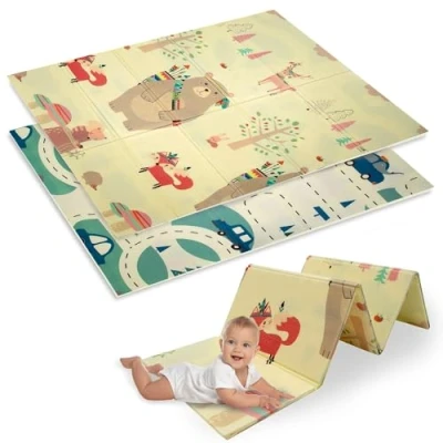 Imagen de Humbi Alfombra de Juegos bebé, Gateo, Espuma XPE, Doble Cara, Barra Plana, Impermeable, Extra Grande, Antideslizante, 120x180 Ositos, Zorros y Coches