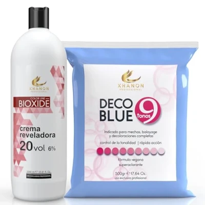 Imagen de Pack Oxigenada en Crema 1000ml 20 Vol + Polvos Decolorantes de Cabello Azul 9 tonos 500gr Fórmula Vegana Superaclarante Xhanon Professional