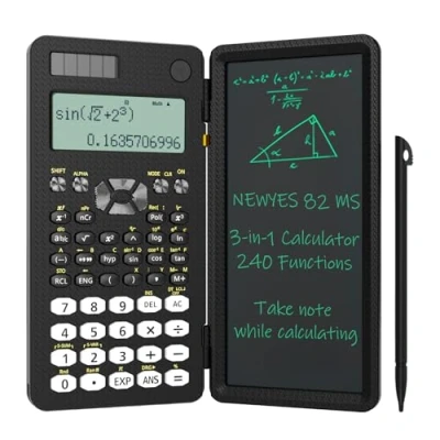 Imagen de NEWYES calculadora científica Plegable, Pantalla de 2 líneas, 240 Funciones con Pizarra y bolígrafo, para Estudiantes