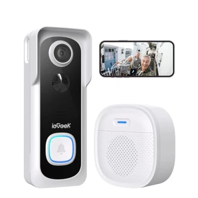 Imagen de ieGeek 2K Timbre Inalámbrico con Cámara, Exterior Impermeable, sin cuotas de suscripción, Videoportero Detección Humana PIR, Visión Nocturna, Audio Bidireccional, 2,4 G WiFi