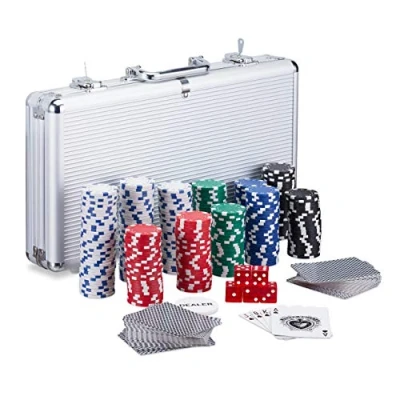 Imagen de relaxdays Maletín Póker con Llave, Set 300 Fichas, 2 Barajas, 5 Dados y Botón Dealer, Aluminio Plástico, Plateado