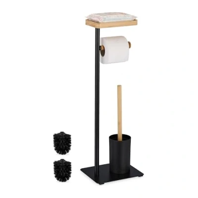 Imagen de Relaxdays Accesorios Baño, Escobillero con Escobillas, Portarrollos de Papel Higiénico, Estante, Negro y Natural, 65 x 22 18 cm