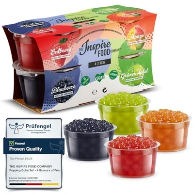 Imagen de NSPIRE FOOD Perlas para Bubble Tea 4 Sabores Fresa, Mango, Manzana Verde, Arándano Popping Boba Veganas, Sin Gluten y Colorantes Artificiales 4x100g