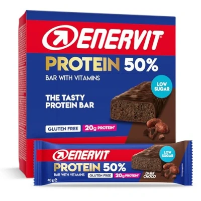 Imagen de Enervit Barrita Proteica 50% Dark Choco, 20 g Proteína, Vitamina D y B6, Sabor a Chocolate Oscuro, Sin Gluten, Bajo en Azúcar, 12 x 40g Barritas