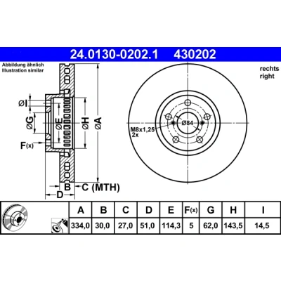 Imagen de ATE 24.0130 0202.1 Disco de freno 334,0 30,0 5 114,3 ventilado revestido LEXUS: GS III, IS 2, IV