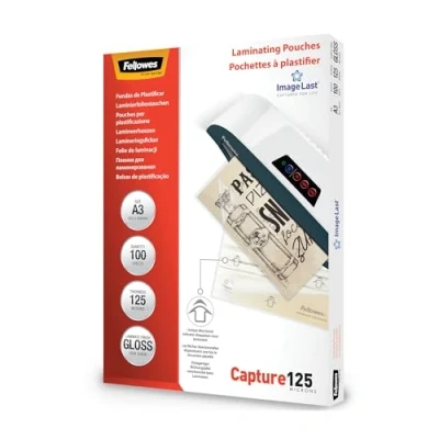 Imagen de Fellowes 100 fundas para plastificar, Acabado brillo, 125 micras, Transparente, A3 micras
