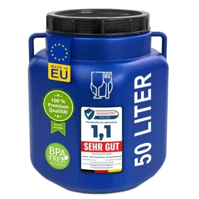 Imagen de plasteo® barril de boca ancha 50 litros con tapa y asas, rectangular, azul, apto para alimentos sin BPA, plástico universal, agua, lluvia, almacenamiento
