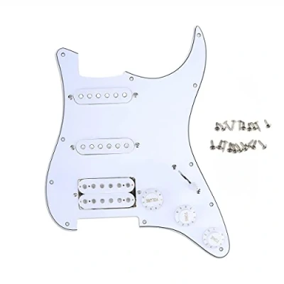 Imagen de Musiclily 11 Orificios HSS Loaded Pickguard Pre cargado Golpeador con Single Coil Humbucker Pastillas Set para Guitarra Eléctrica Fender USA/Mexican Stratocaster Squier, 3 capas Blanco