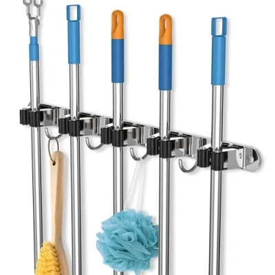 Imagen de Colgador de pared para Escobas y Fregonas, 5 Soportes 4 Ganchos Negros, Acero Inoxidable, con Clavos, Cuelga Pesado Hogar, Cocina, Garajes