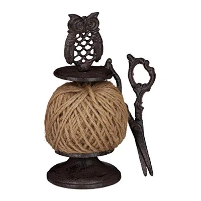 Imagen de Relaxdays Soporte Ovillo Búho con Cordel Jardinería y Tijeras, Hierro Fundido, Marrón Oscuro, 22,5 x 10 12 cm