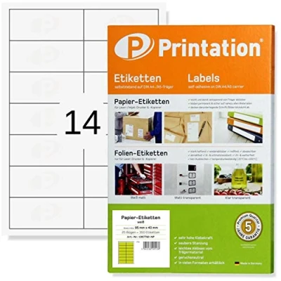 Imagen de Printation 95 x 40 mm etiquetas autoadhesivas blancas 350 imprimibles en 25 hojas DIN A4 2 7 14 adhesivas para imprimir por hoja pegatinas