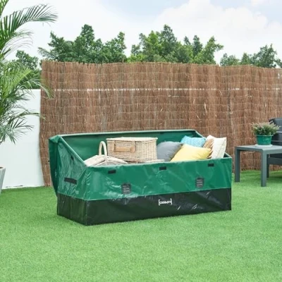 Imagen de casa.pro Caja de Almacenamiento para Exteriores 560 L Arcón Baúl Almacenaje Jardín con Asas Fijación Velcro Lona 100% Poliéster Impermeable Acero 155x64x75 cm Verde/Negro