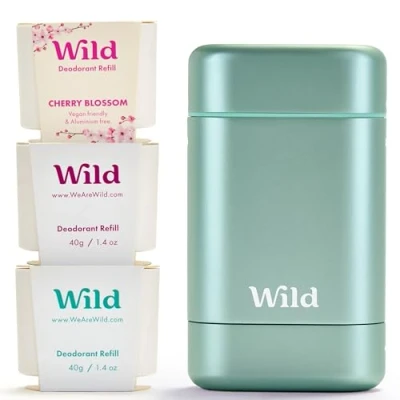 Imagen de Wild Desodorante Natural Recargable Sin Aluminio Envase Acuático con Pack Variado (3x40g) Incluye Esencias Fresh Cotton &amp; Sea Salt, Cherry Blossom y Coconut Vanilla