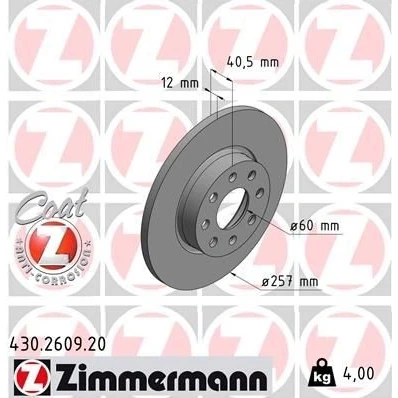 Imagen de ZIMMERMANN COAT Z 430.2609.20 Disco de freno 257 12 8/4 4 100 macizo revestido OPEL: Corsa D Hatchback, FIAT: Grande Punto Hatchback