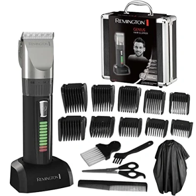 Imagen de Remington Máquina de Cortar Pelo Genius, Cortapelos con Cable e Inalámbrico, Cuchillas Cerámica, 10 Peines, Selección Corte Preciso, 50 min Autonomía, Indicador LED Carga, Maletín, Negro HC5811