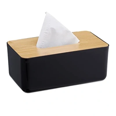 Imagen de Relaxdays Caja Pañuelos Grande, Rellenable, Baño, Dispensador Toallitas Papel, Tapa Bambú, 10x23x13 cm, Negro y Natural, 10 x 23 13 cm Aprox