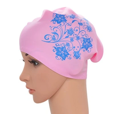 Imagen de Medifier Gorro de natación elástico para mujer, silicona, pelo largo, diseño flores, adultos, rosa