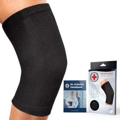 Imagen de Rodillera Compresión Desarrollada por Médicos Alivio Dolor Articular,Tendinitis, Artritis Reumatoide Ideal Running Crossfit Powerlifting Incluye Libro Manual Escrito Médico Negra Talla XL