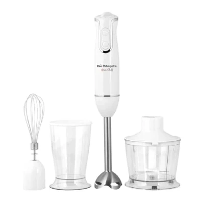 Imagen de Orbegozo BT 2660 Batidora de mano, incluye picadora, varilla para montar y vaso medidor, 800 W potencia, 2 velocidades, brazo INOX