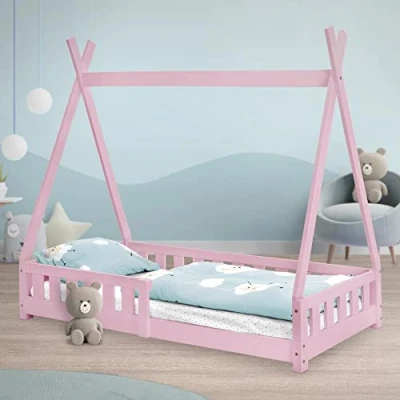 Imagen de ML Design Cama Infantil Tipi 80x160 cm con Protección Anticaída y Somier Estructura Listones de Madera Pino Maciza Color Rosa Forma Casa Mobiliario Juego Tienda Campaña para Niños