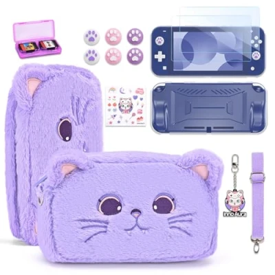 Imagen de innoAura Funda para Switch Lite,Paquete de Accesorios 14 en 1 Lite con Transporte Linda,Protector Pantalla Lite,Estuche Juegos Switch(Gato Morado)