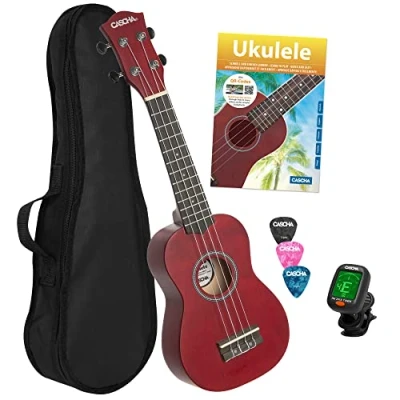 Imagen de Cascha Ukelele soprano para niños y adultos, kit básico con 3 púas, funda, libro de aprendizaje, vídeo aprendizaje sobre código QR, afinador cuerdas Aquila nailon I pequeña Hawaii rojo