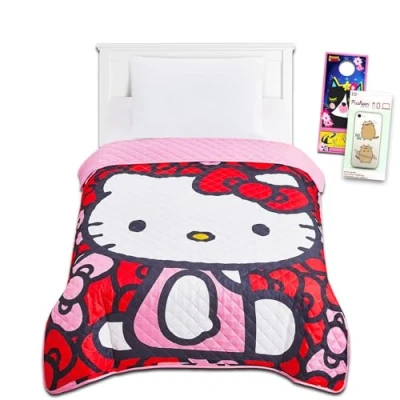 Imagen de SANRIO Juego de ropa cama Hello Kitty, paquete con colcha Kitty para individual y calcomanías más Decoración dormitorio niñas