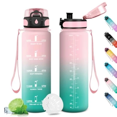Imagen de Botella Agua Deportiva 1L, Cantimplora Prueba de Fugas, con Marca Tiempo, Reutilizable, Deporte, para Running, Gimnasio, Cámping, Gym, Sport, Yoga