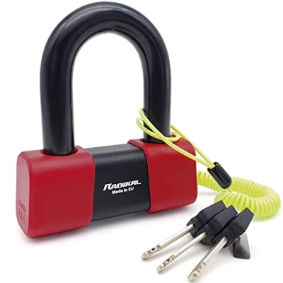 Imagen de RADIKAL RK75 Candado Moto Disco Mini U Homologado SRA Premium, Más Disuasorio, Testado Brutalmente, Arco ø18mm de Acero Cementado, Doble Cierre, Cable Recordatorio, Bloqueo Antirrobo Cepo Freno