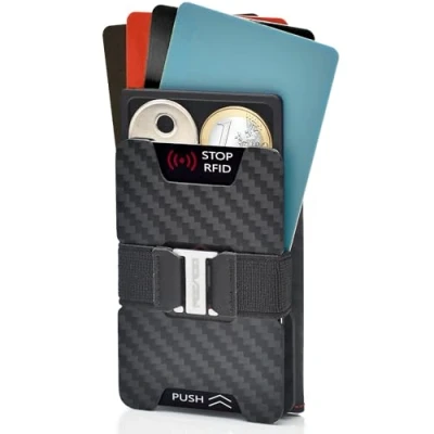 Imagen de POCARDO Cartera delgada, Negro con costuras en contraste, Mit Münzfach und RFID Blocker, Minimalista