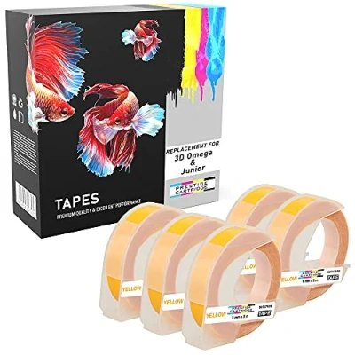 Imagen de Prestige Cartridge 5x Bianco sobre Amarillo Cinta de Etiquetas plástico (9mm x 3m) compatible para Dymo S0717930 Omega &amp; S0717900 Junior Estampadora uso doméstico