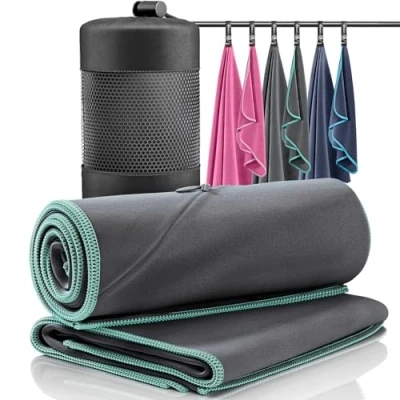 Imagen de Juego de Toallas Microfibra + Funda Transporte Set 2 Azules: Grande para baño, pequeño Cuerpo y Cara Ultra Ligeras, absorbentes, Secado rápido Deporte Viaje Playa Gimnasio