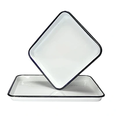 Imagen de MBLUE 1 bandeja hecha a mano vintage esmaltada blanca para hornear pasteles caseros platos retro cuadrados (35 cm x 45 3,5 cm)