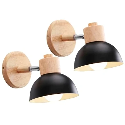 Imagen de iDEGU 2 Piezas Apliques de Pared Moderno, Lámparas para Dormitorio Simple E27 Iluminación Interior Luz en Madera Hierro Ajustable Foco Pasillo Salón Cafetería (Negro)
