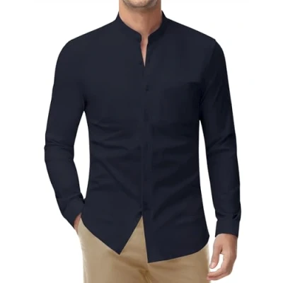 Imagen de DEMEANOR camisa elástica sin cuello para hombre, manga larga, de negocios, ajustada, planchado, alto, azul marino, S