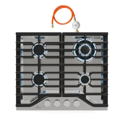 Imagen de Klarstein Turbocast Placa de Gas, 4 Quemadores, Acero Inoxidable 304, Quemador Wok 3,4kW, Encendido Automático, Apagado Seguridad, Kit Conversión GLP, Encimera Gas Profesional, 600x85x510mm