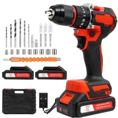 Imagen de Taladro/Atornillador Inalámbrico con 2 Baterías de 21 V, Taladro Torque 42 Nm, 25+1 Niveles Torque, Luz LED, Velocidades, 27 Accesorios DIY para Reparaciones y Bricolaje