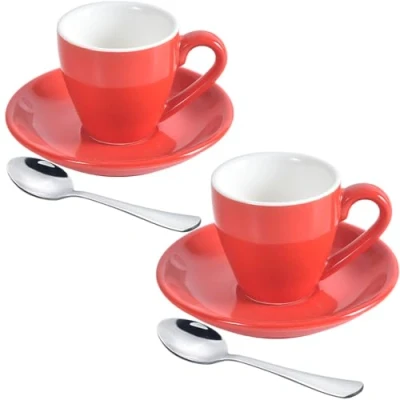 Imagen de ionEgg taza de café expreso porcelana con platillo y mini cucharas acero inoxidable, chupito para espresso, 80 ml, paquete 2, color rojo