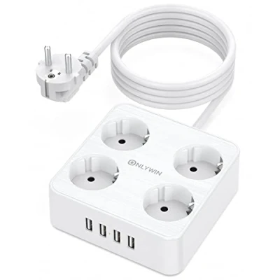 Imagen de Regleta Enchufes USB, ONLWIN de 4 Tomas Corrientes y Rápida USB Tomas, 2500W/10A Enchufe Multiple con Protección contra Sobrecarga Interruptor, para Hogar Oficina, Cable 2M, Blanco
