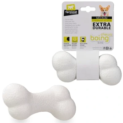 Imagen de Ferplast Juguete Perro, Hueso en Material Duradero, No Tóxico, Resistente a Mordeduras, para Higiene Dental del Rebota y Flota, CHEWA Boing Hueso, Juguetes Perros Medianos, Blanco