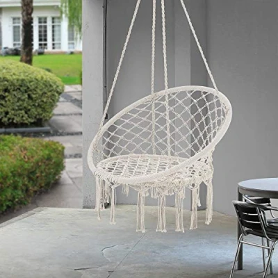 Imagen de Hamaca Silla Colgante hasta 100 kg Columpio con Borlas Ornamentales Algodón y Acero Interior o Exterior Color Crema