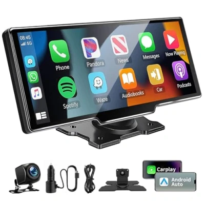 Imagen de 10.26 Pulgadas Pantalla Coche de Carplay Android Auto Inalambrico, Radio Bluetooth con Cámara Trasera 1080P HD/FM/AUX/Mirror Link/Control por Voz/G00gle/Siri/Navegación GPS
