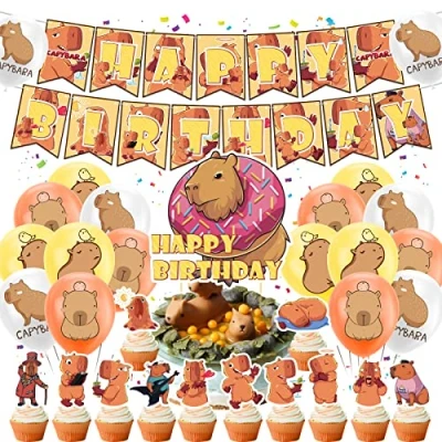Imagen de Capybara Cumpleaños Fiesta Decoraciones Accesorios Incluye Happy Birthday Pancarta Capybara, Toppers para cupcakes, adornos tartas, globos