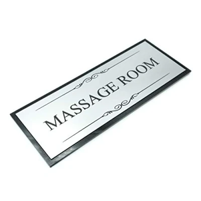 Imagen de Placa de acrílico para puerta sala masajes, color negro y plateado, tamaño 19,5 cm x 7,6 cm, incluye tiras adhesivas